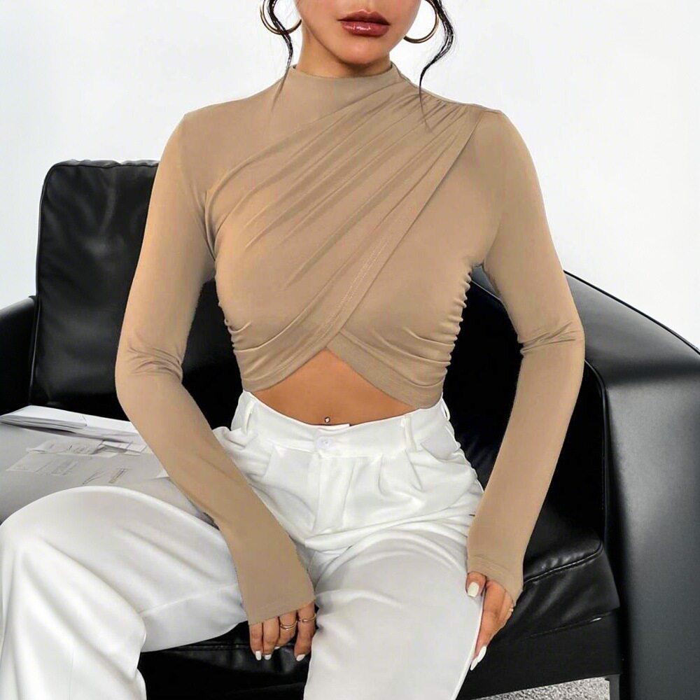 Elegant Womens Cropped T Shirt Slim Fit Half High Neck Long Sleeve Solid Color Summer Casual Wear Wholesale