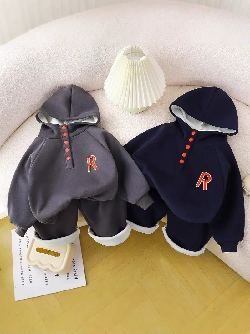 Boys' Sports Hoodie Set, Stand Collar Autumn & Winter Long-Sleeve Outfit, Stylish Boys' Fall & Winter Wear