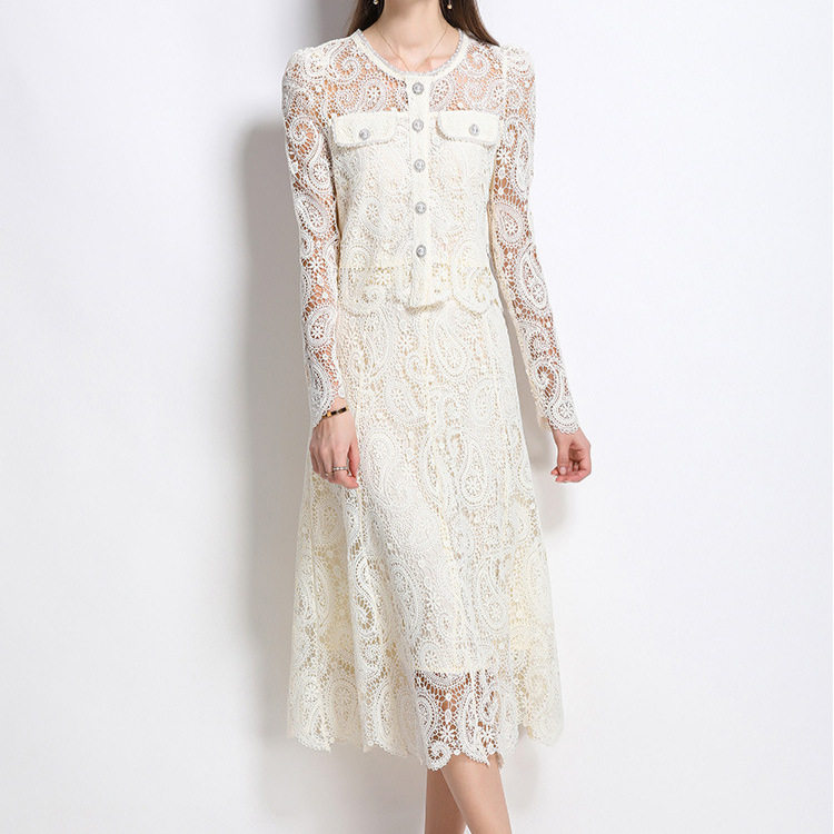 Chic Two Piece Set Elegant Water Soluble Lace Shirt and Skirt Fall Fashion for Women Wholesale Available