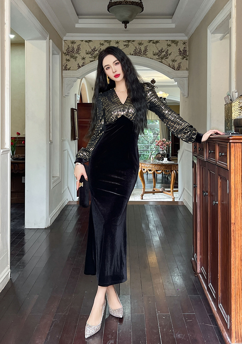 Đầm dài nhung phối sequin cổ chữ V dáng đuôi cá nữ — Xanh đá quý, Màu đen, Đỏ gỉ sắt