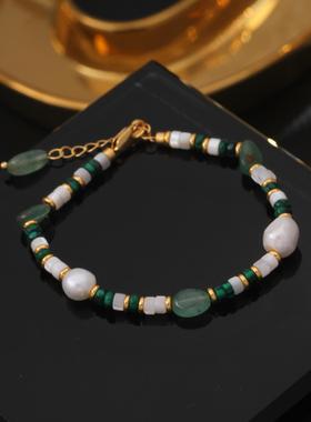 绿东陵多巴胺淡水珍珠项链夏季气质网红绿色孔雀玛瑙串珠锁骨颈链
