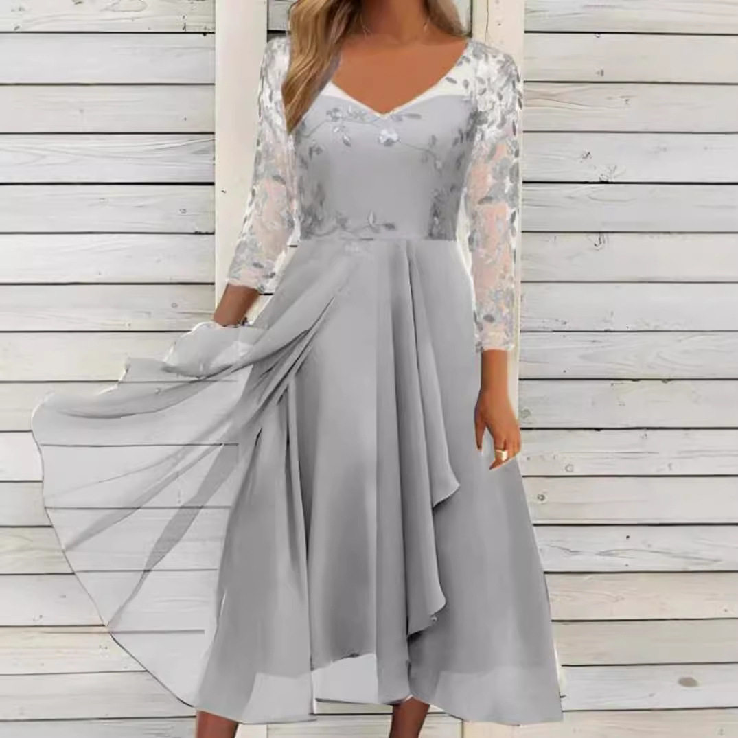 Chiffon V Neck Long Dress with Lace Inserts Elegant Evening Gown for Bridesmaids Available in Multiple Colors and Sizes