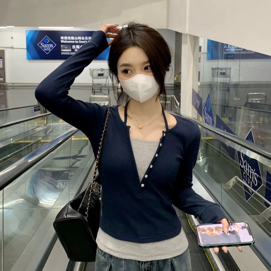 Slim Fit Color Block Long Sleeve T Shirt with Button Design Korean Style Spring Fashion Wholesale Available