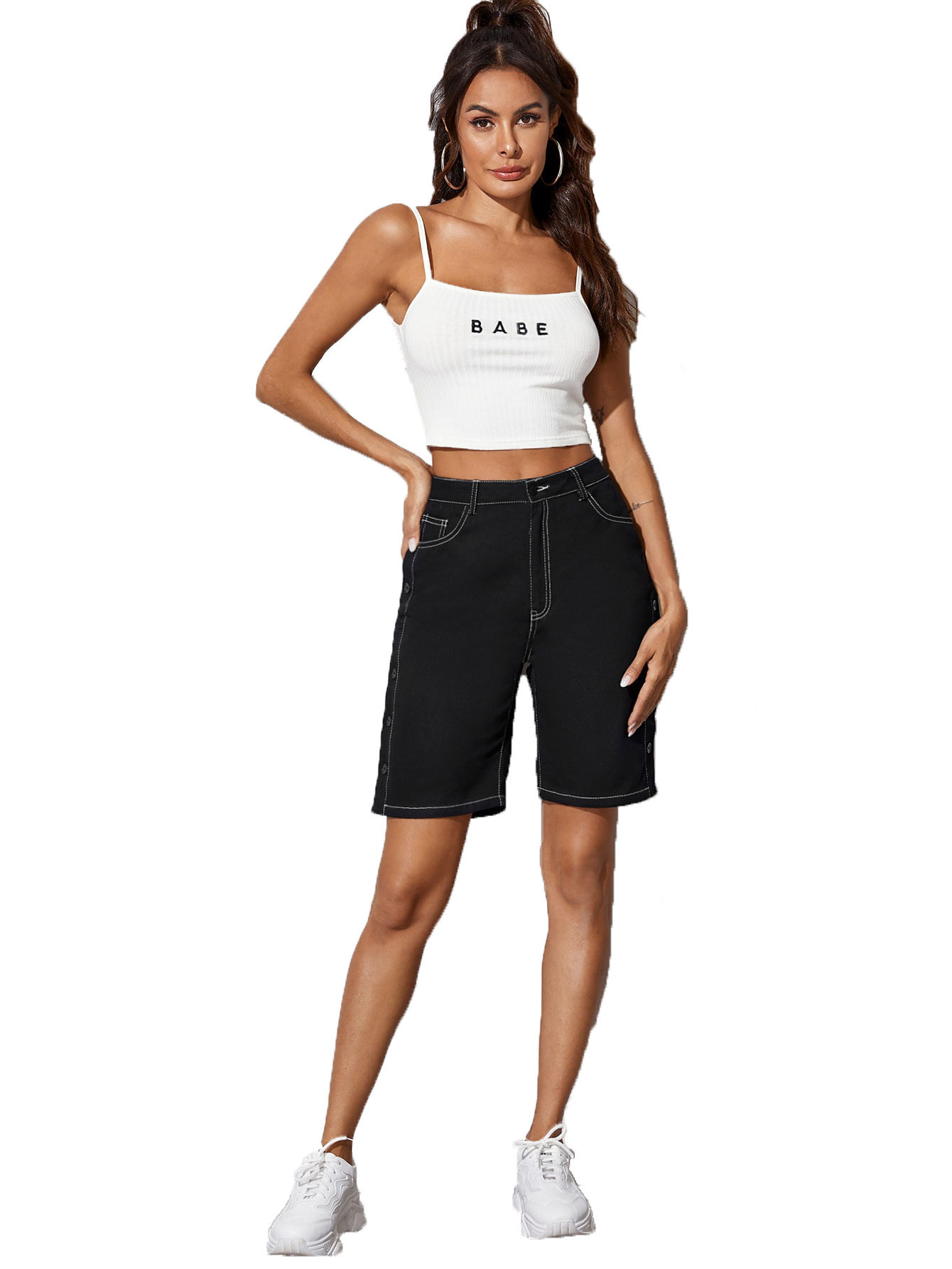 High Waisted Denim Shorts Button Detail Straight Cut Fashionable Spring Summer Casual Wear Wholesale Available