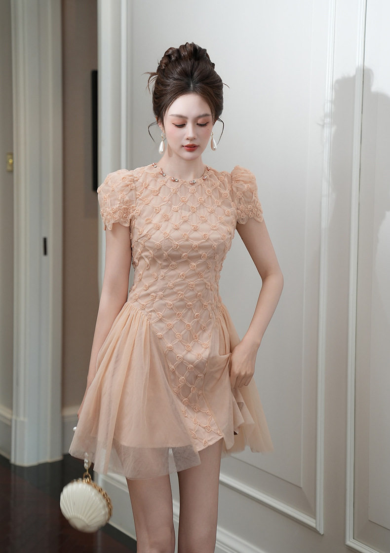 Đầm suông nữ cổ tròn tay bồng chất lưới xòe chữ A — [Hồng sâm banh] chi tiết 10