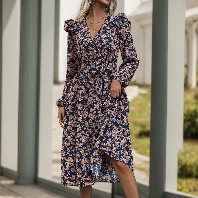 Floral Print V Neck Long Sleeve Dress Ruffled Hem Autumn Style Womens Fashion for Casual Occasions Wholesale