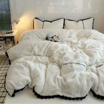 Winter French-Style Light Luxury Pom-Pom Lace Thickened Rabbit Fur Milk Velvet Four-Piece Set Double-Sided Fleece Duvet Cover Three-Piece Set