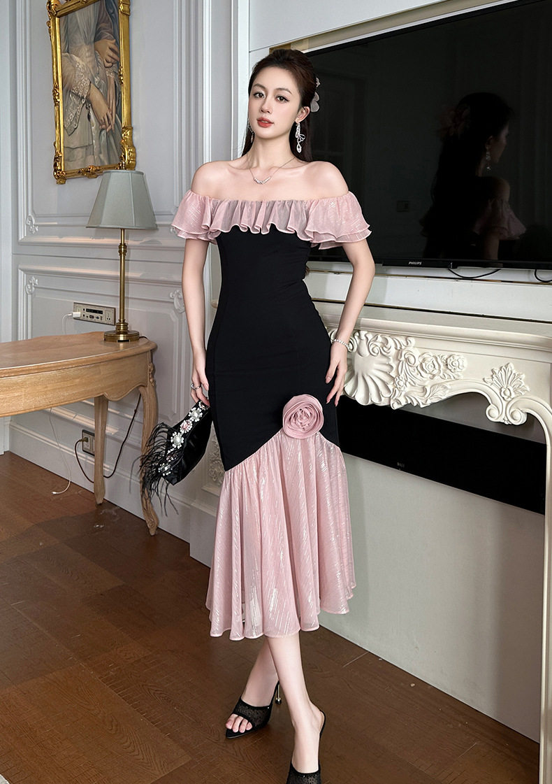 Đầm maxi nữ cổ vuông ôm eo phối ren đuôi cá — [Đen] chi tiết 7