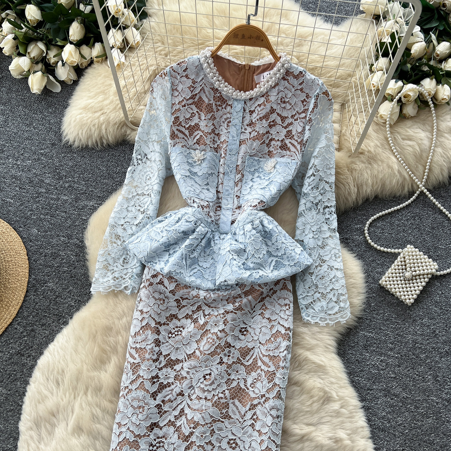 Lace Ruffle Hem Long Sleeve Dress Slim Fit High Waist Elegant Style Perfect for Office and Autumn Events Wholesale