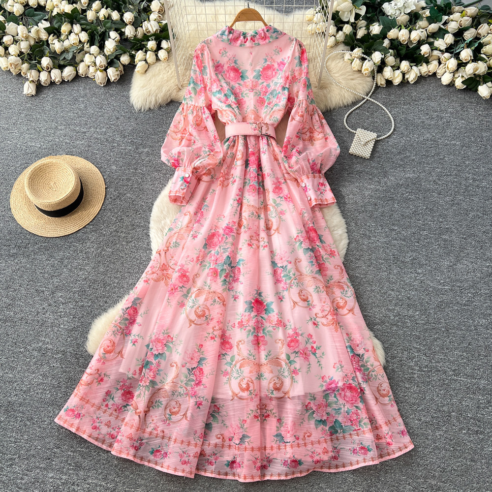 Floral Print Bell Sleeve Dress Long Sleeve Waist Tie A Line Silhouette Elegant Vacation Style Wholesale Available