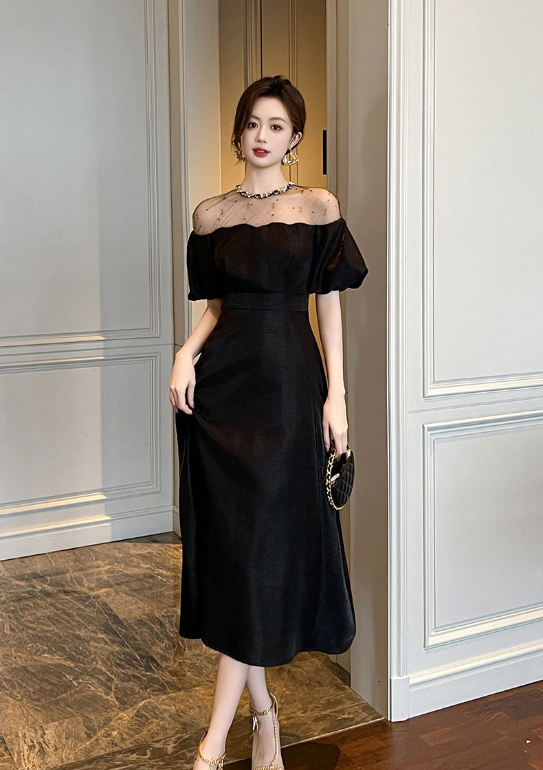 Đầm maxi nữ thắt eo dáng xòe cổ tròn tay bồng — [Đen] chi tiết 10