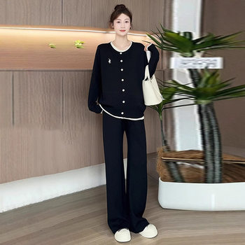 Maternity Suit Spring and Autumn Long-Sleeved Contrasting Fake Two-Piece Splicing Round Neck Top Korean Style Fashionable Trousers Early Autumn Two-Piece Set