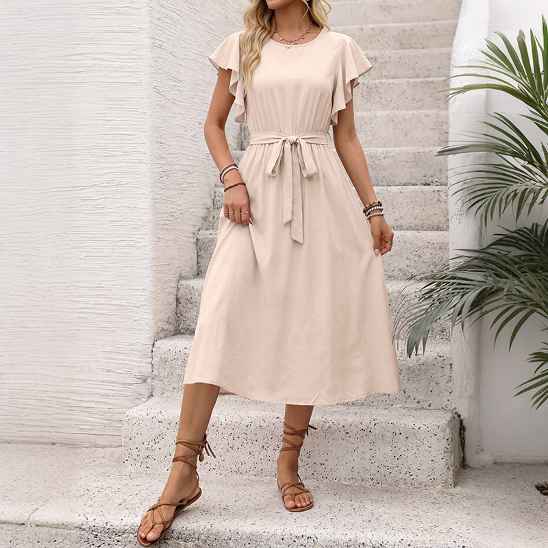Casual Solid Color A Line Dress Flutter Sleeves Round Neck Tie Waist Perfect for Vacation or Summer Events OEM