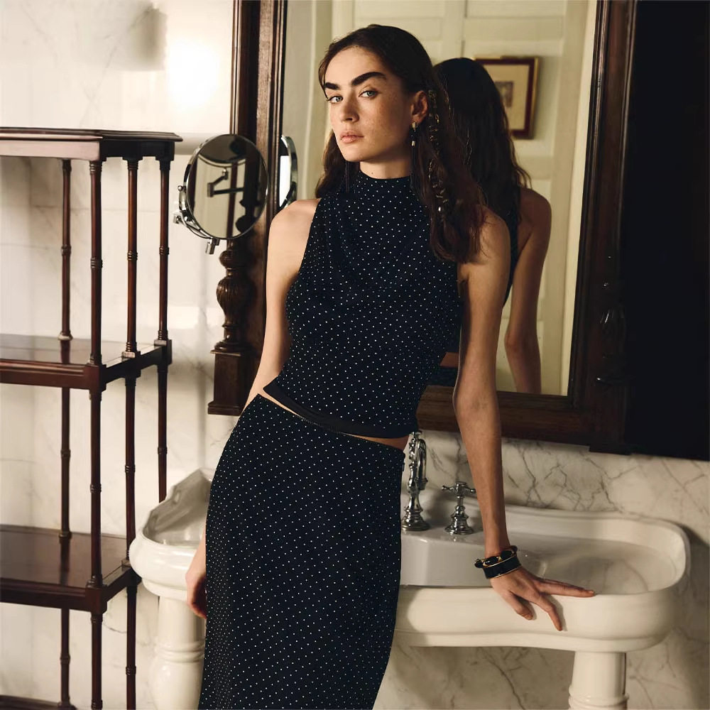 Vintage French Style Sleeveless High Neck Top and Low Waist Polka Dot Print Skirt Set Slim Fit Elegant Perfect for