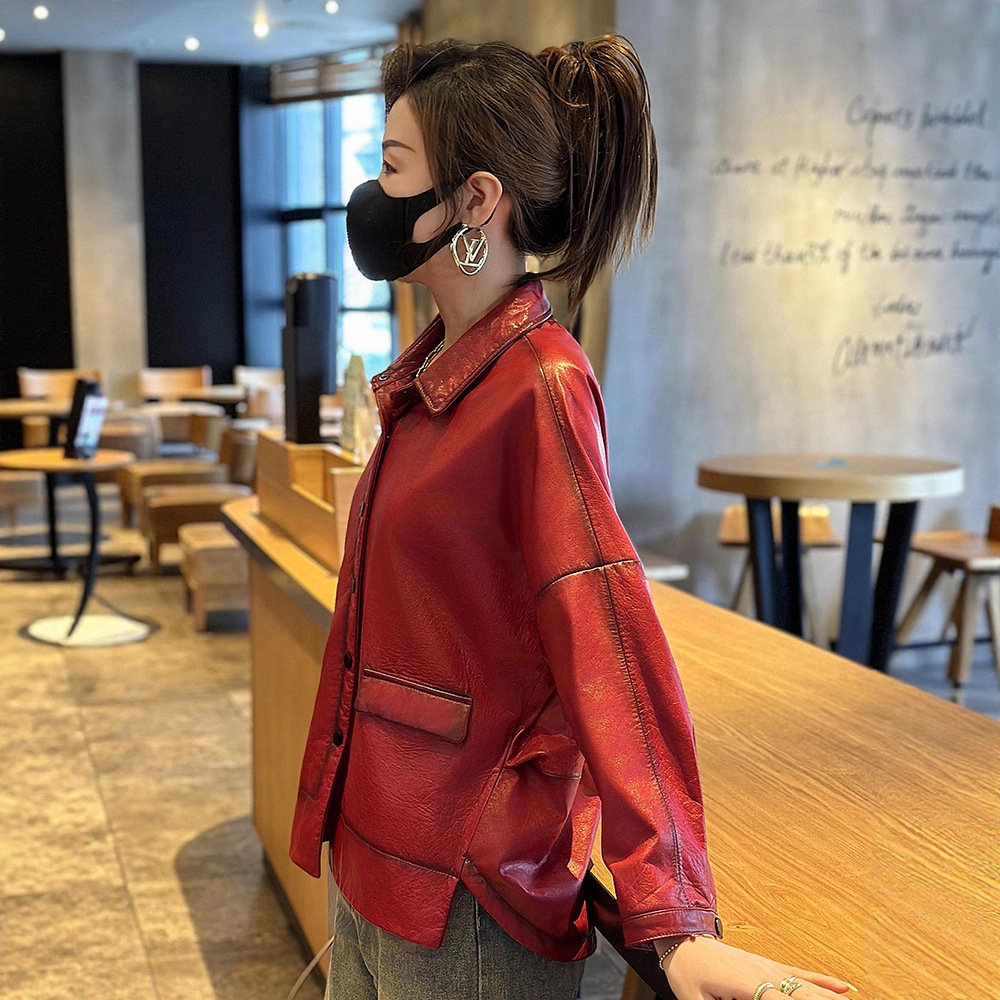 Áo khoác da bò nữ dáng ngắn cổ vuông phong cách casual — Màu đen, Màu đỏ rượu