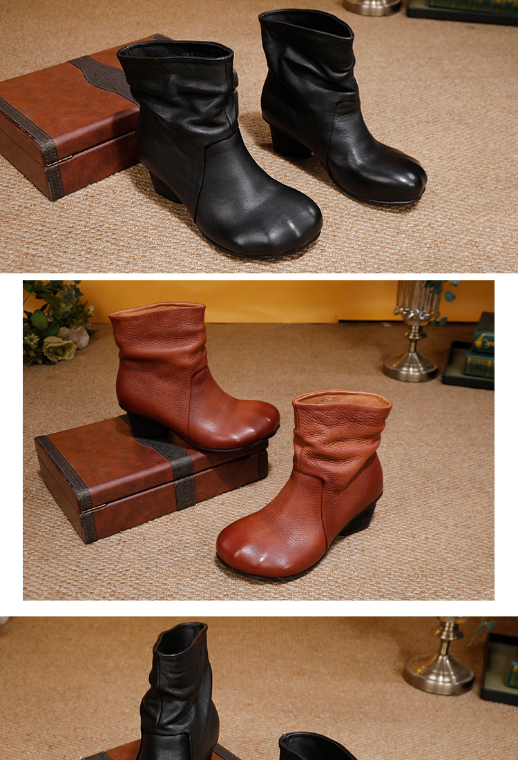 Boot nữ cổ thấp da bò thật gót vuông phong cách cổ điển — đen, màu nâu