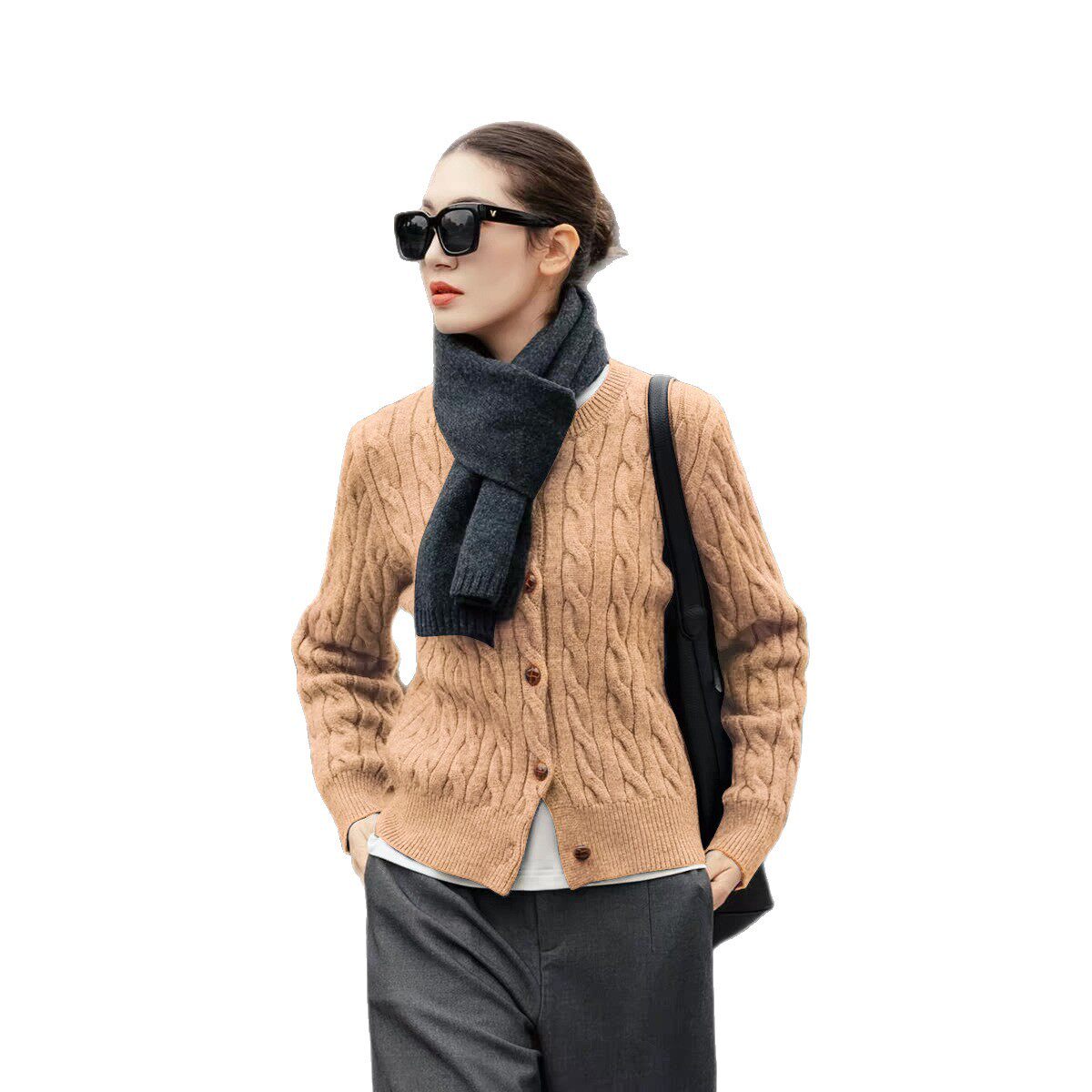 意大利100%美丽诺羊毛开衫宽松慵懒风绞花开衫加厚毛衣羊绒开衫女