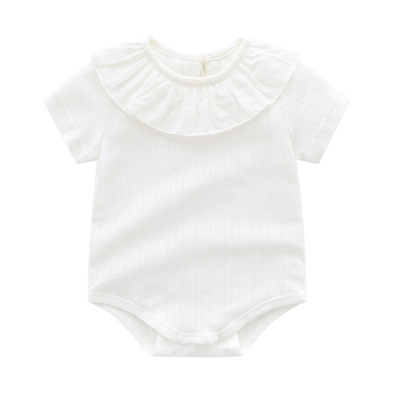 Summer Pure Cotton Baby Short-Sleeve Romper for Girls with Ruffle Collar, Breathable Jacquard Jumpsuit, Thin Newborn Crawling Suit