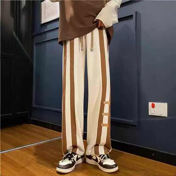 American-Style Waffle Color-Block Striped Casual Pants for Couples, Spring and Autumn Vintage Loose Straight Niche Design Long Pants