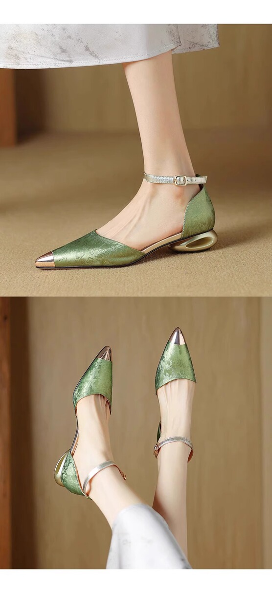 Sandal nữ quai ngang bít mũi mũi nhọn kim loại gót thô 3cm phối cùng áo dài — Màu be, màu đen, Xanh lá cây