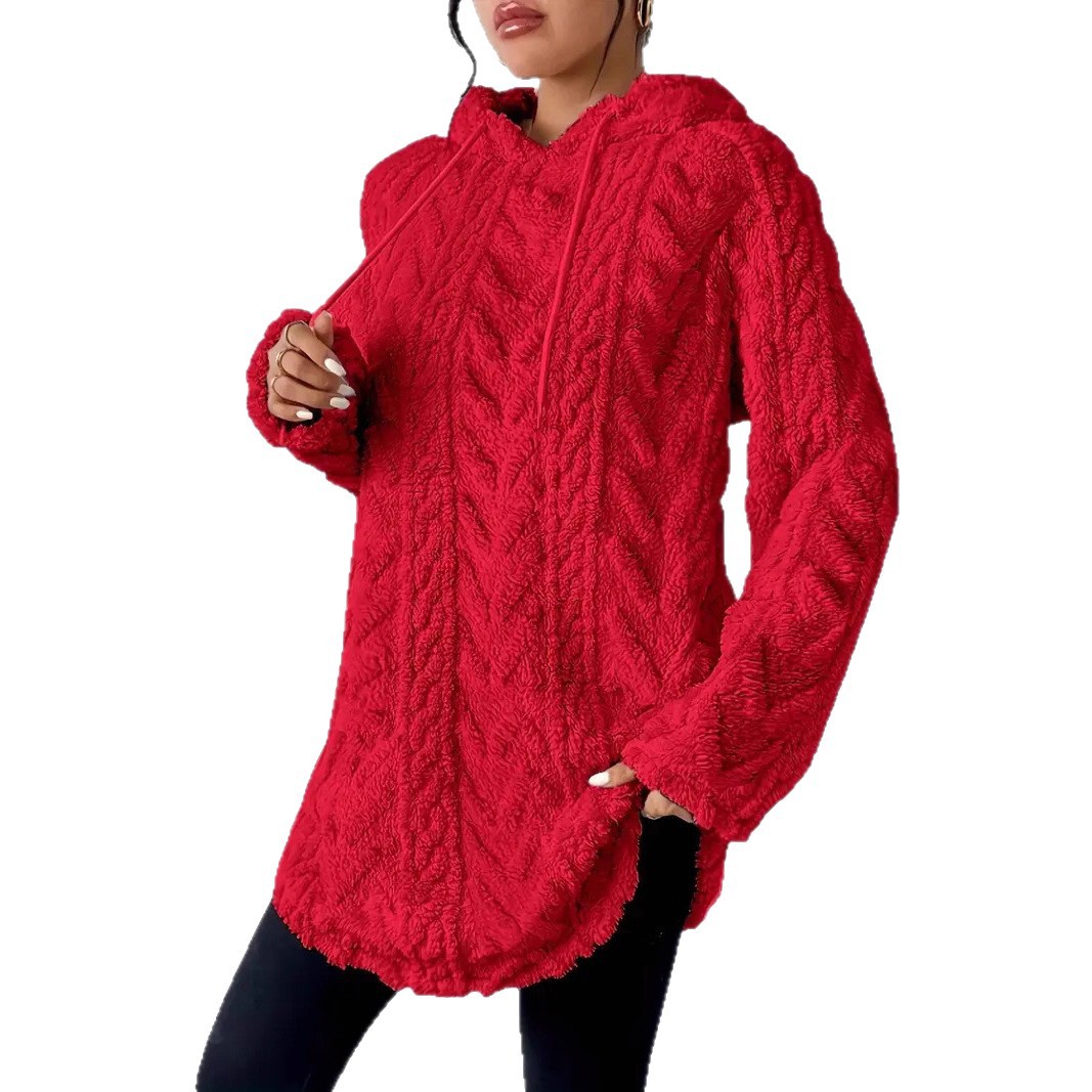 Hooded Long Sleeve Pullover Sweater Slim Fit Drawstring Plush Fabric Solid Color Fall Fashion for Women Wholesale