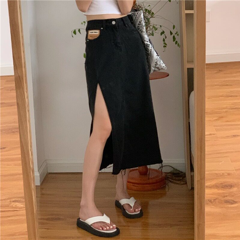 Vintage High Slit Denim Skirt Elegant Style Patchwork Design Summer Fashion Womens Casual Wear Wholesale Available