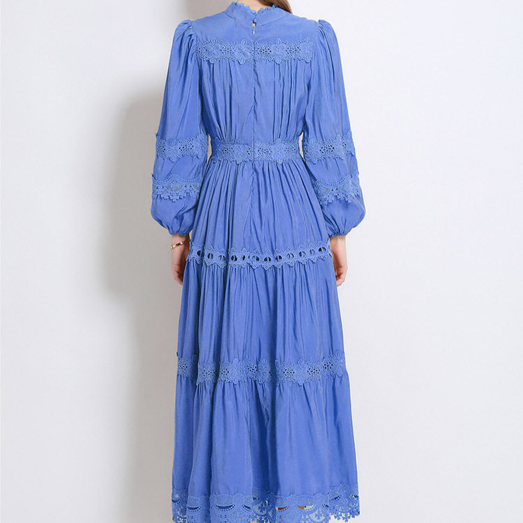 Vintage Court Style Puff Sleeve Dress Hollow Out Lace Cross Neck Design Elegant Long Dress for Autumn Wholesale