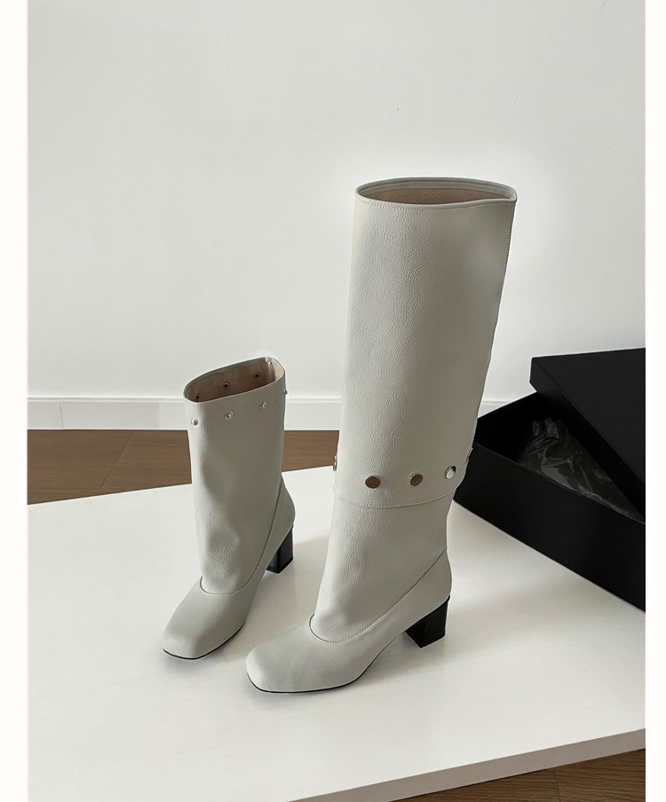 Boot nữ cổ cao gót vuông đính đinh tán, ống tháo rời hai kiểu mặc — Lớp lót đơn màu đen, Lớp lót đơn màu xám, Lớp lót nhung màu xám, nhung đen