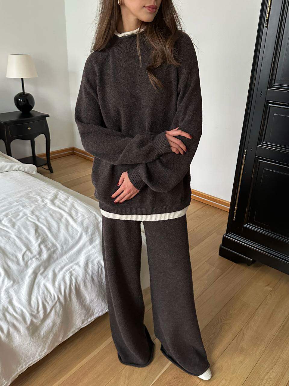 Womens Loose Fit Knit Sweater and Wide Leg Pants Set Wool Blend Casual Style Autumn Winter Collection Wholesale