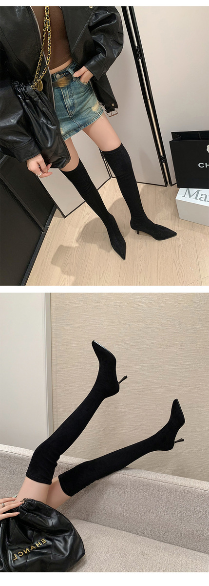Boot nữ cổ cao qua gối mũi nhọn gót nhỏ chất liệu da lộn co giãn — Lớp lót đơn màu kaki, Lớp lót đơn màu xám, Lớp lót nhung đen, Lớp lót nhung kaki