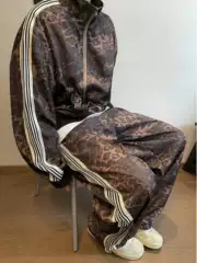 American Retro Leopard Print Sport suit Jacket Trendy Brand Men's vintage Digital Print Striped Jacket Sweatpants