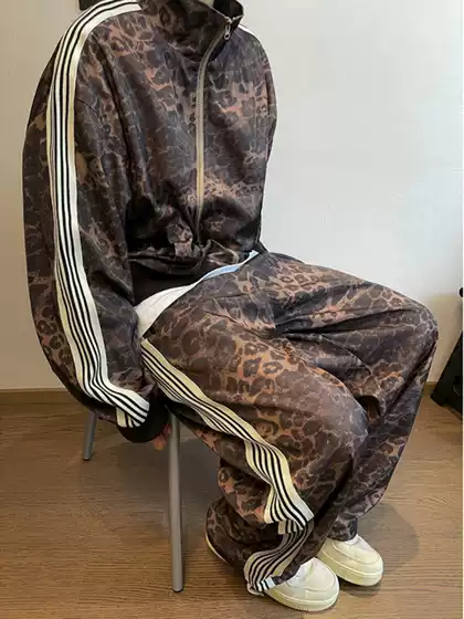 American Retro Leopard Print Sport suit Jacket Trendy Brand Men's vintage Digital Print Striped Jacket Sweatpants