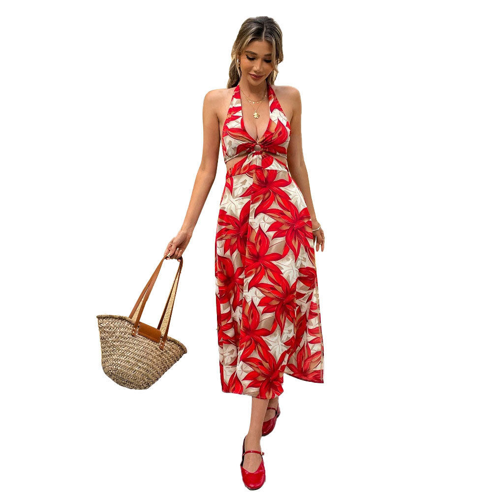 Womens Summer Vacation Maxi Dress Sexy Backless Halter Neck Lightweight Fabric Perfect for Beach or Resort Wear