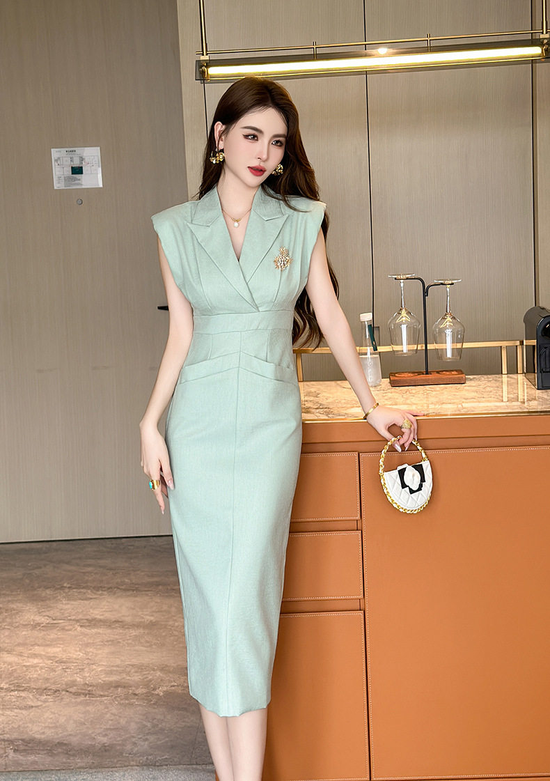Đầm ôm body nữ cổ vest tay ngắn, chất liệu polyester phối sợi spandex, dáng ôm eo, có khóa kéo sau lưng — [Xanh xám] chi tiết 4