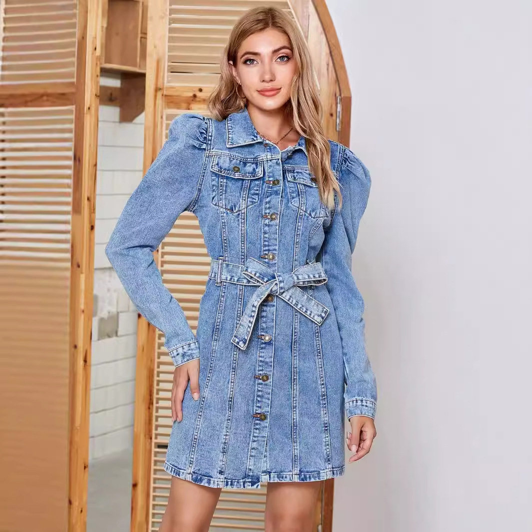 Vintage Denim Long Sleeve Dress Slim Fit Waist Defining Comfortable Fabric Perfect for Casual Outings Wholesale