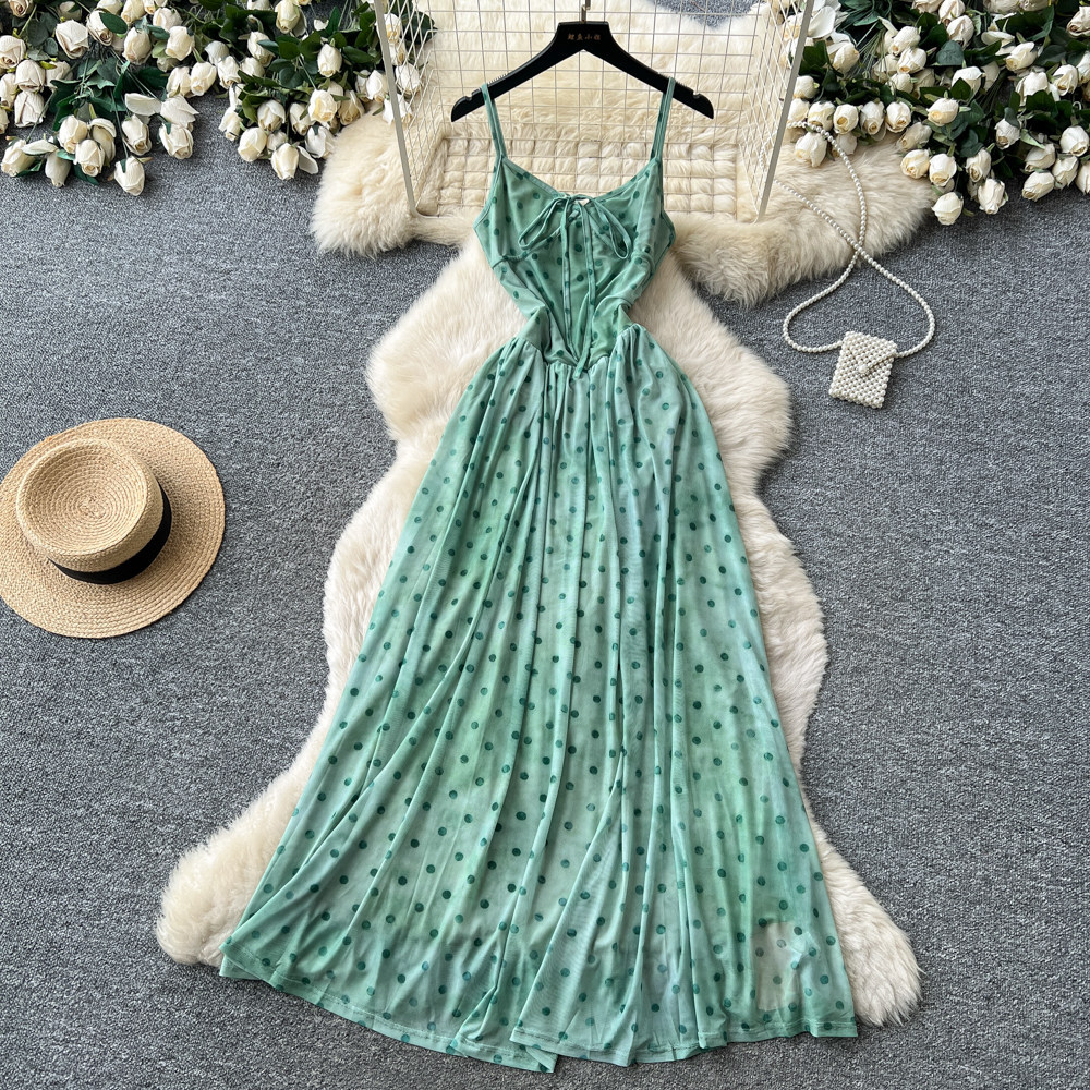 French Vacation Style Green Polka Dot Maxi Dress for Women High Waist Slim Fit Summer Essential Wholesale Available
