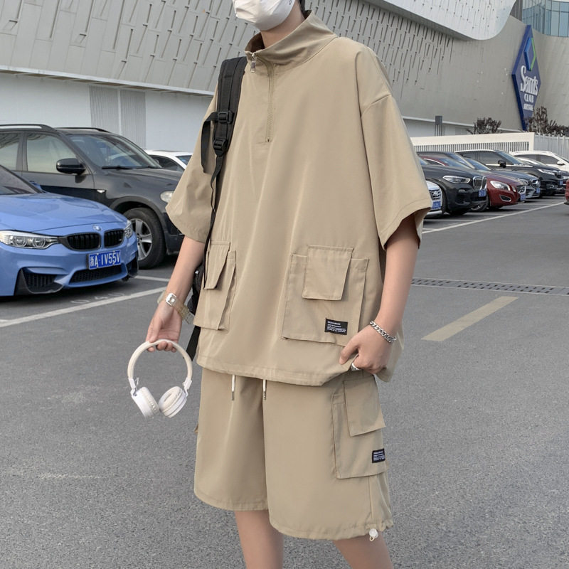 潮流情侣装短袖拉链T恤套装痞帅男士春夏季ins潮牌宽松工装衣服