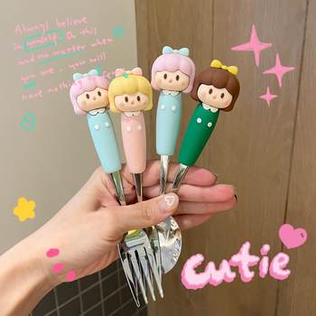 Cartoon Girl Spoon Stainless Steel High-value Home Cute Children Baby Silicone Spoon Fruit Fork Spoon suit