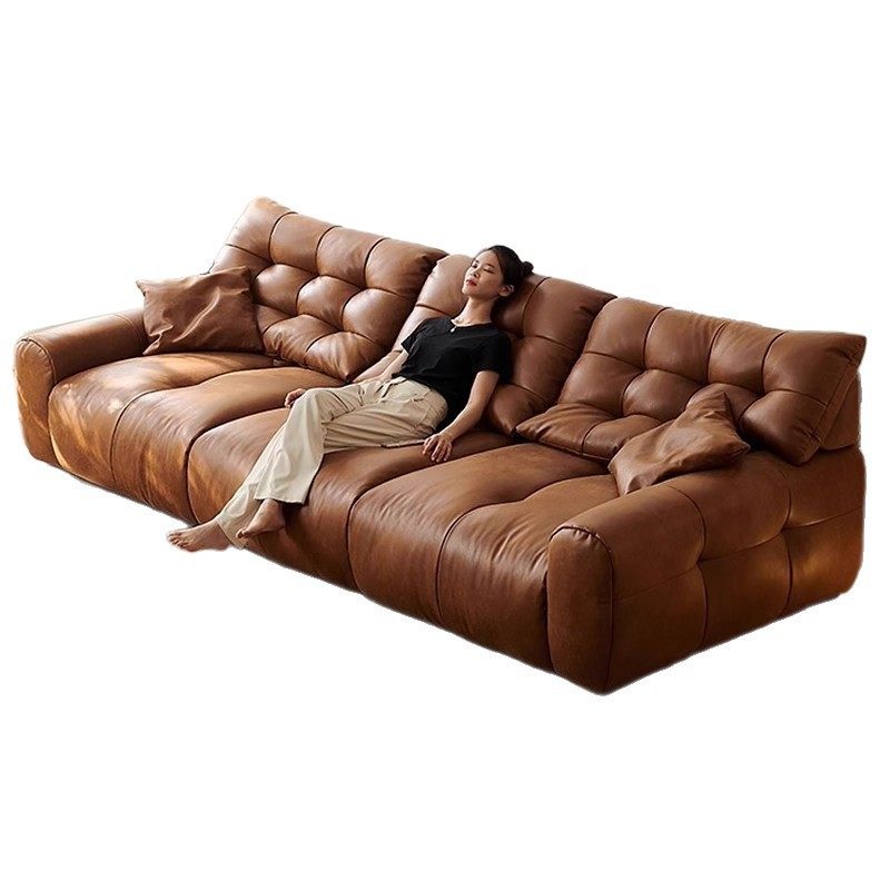 奈丘大黑熊沙发超深坐宽直排油蜡猫抓皮焦糖色云朵可移动靠背沙发