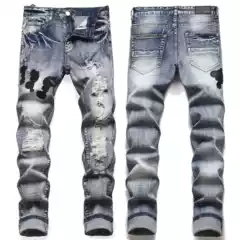 AM foreign trade European goods blue street fashion jeans ripped badge fashion youth stretch skinny pants men 3093