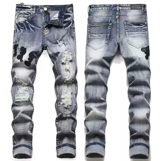 AM foreign trade European goods blue street fashion jeans ripped badge fashion youth stretch skinny pants men 3093