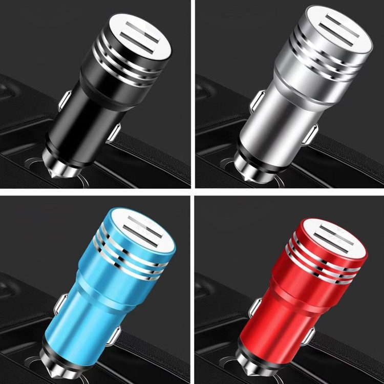 Safety hammer car charger car charger aluminum alloy one drag two 1A-2.4A car charging head factory wholesale