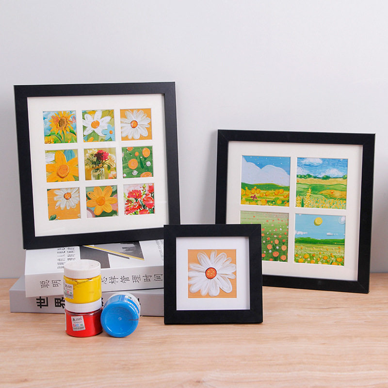 Carefully Selected Children's Handmade Painting Nine-Square Grids Photo Frame Empty Frame Square Oil Pastel Photo Frame Table Wooden Photo Frame