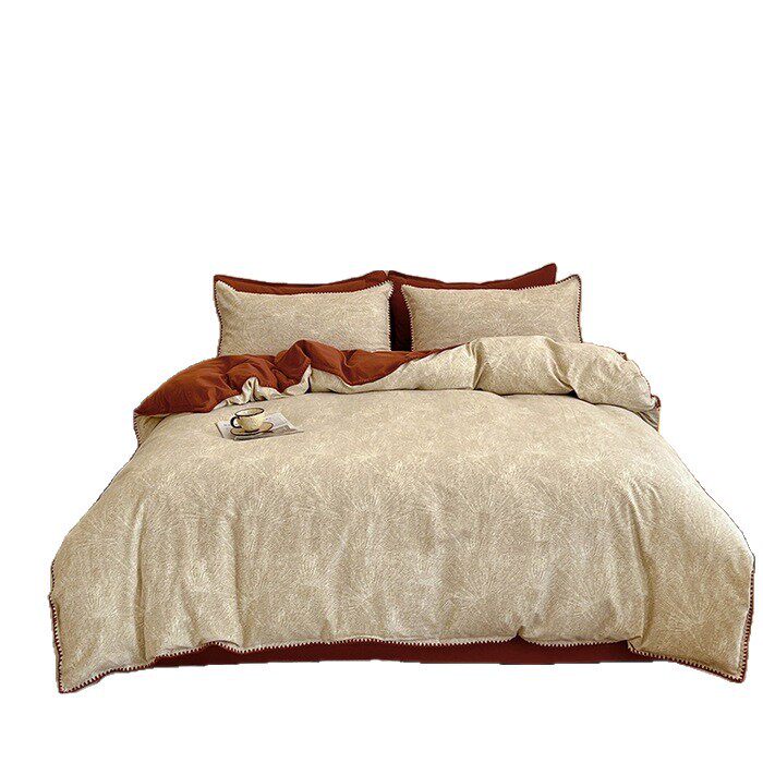 Autumn and Winter 100% Cotton Thickened Brushed Four-Piece Set Soft and Skin-Friendly Triangle Stitching Vintage Style All-Cotton Duvet Cover