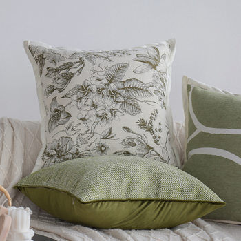 Cream Style Pillow Case Green Flower High-end Retro Pillow Living Room Sofa Square Waist Pillow Backrest Cushion Cover