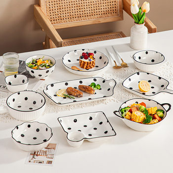 Home Retro Bowl with Polo Dot Dishes and Dish Tableware High Color Value Household Rice Bowl Soup Bowl Ceramic Plate Dishes and Dish suit