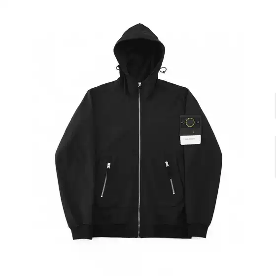 High-End Independent Stone Outdoor Functional Style Logo Armband Hooded Couple Zipper Jacket Loose Men's and Women's Black Cotton