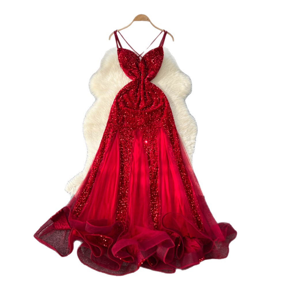 Elegant Womens Evening Dress Slimming Waist Design Sheer Mesh Sequin Velvet Spaghetti Straps Perfect for Formal
