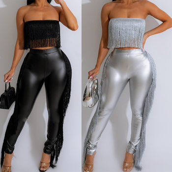 Td2559 European and American Cross-Border Sexy Tube Top Cut Out Tassel Vest High Waist Tights Stretch Leather Two-Piece Suit for Women