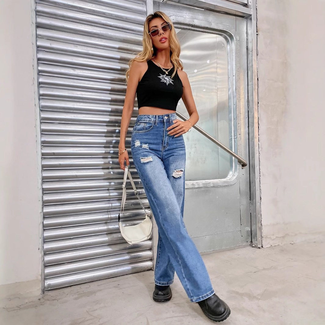 High Waisted Ripped Denim Trousers Loose Fit Floor Length Trendy Style Casual Wear for Women Wholesale Available